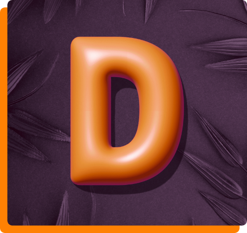 3D letter 'D' in orange with a dark leaf-patterned black background.