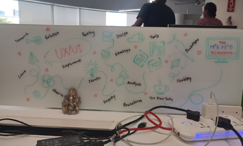 Office whiteboard filled with UX/UI design keywords and doodles, with a small god idol and charging cables on the desk.