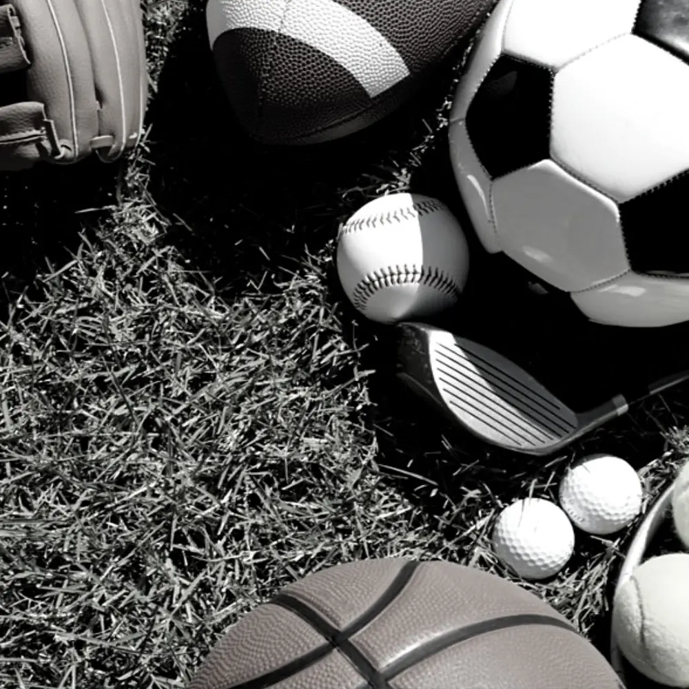 Various sports equipment on grass