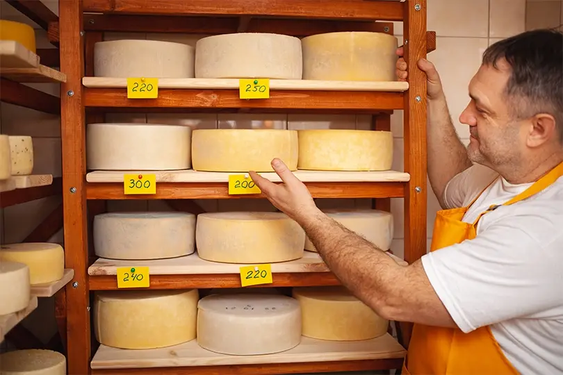Cheesemaker proudly inspecting his handcrafted cheese wheels.